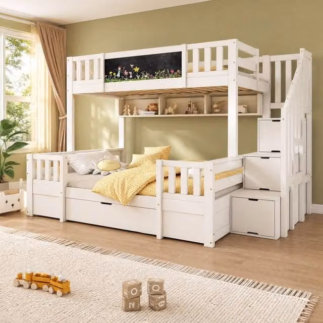 STILVORA Modern White Childrens Bunk Bed with Two Levels, Stairs and Storage Drawers – 1