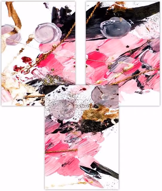 ARTZE Set of 3 Modern Abstract Geometric Pink, Black and Gold Paper Posters, W: 59 cm, H: 84 cm