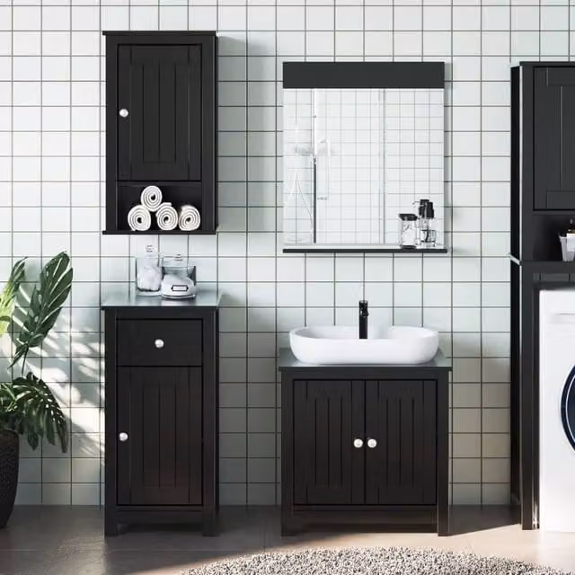 Berkfield Home 3 Piece Black Lacquered Solid Pine Bathroom Furniture Set with Vanity Unit and Mirror Cabinet – 1