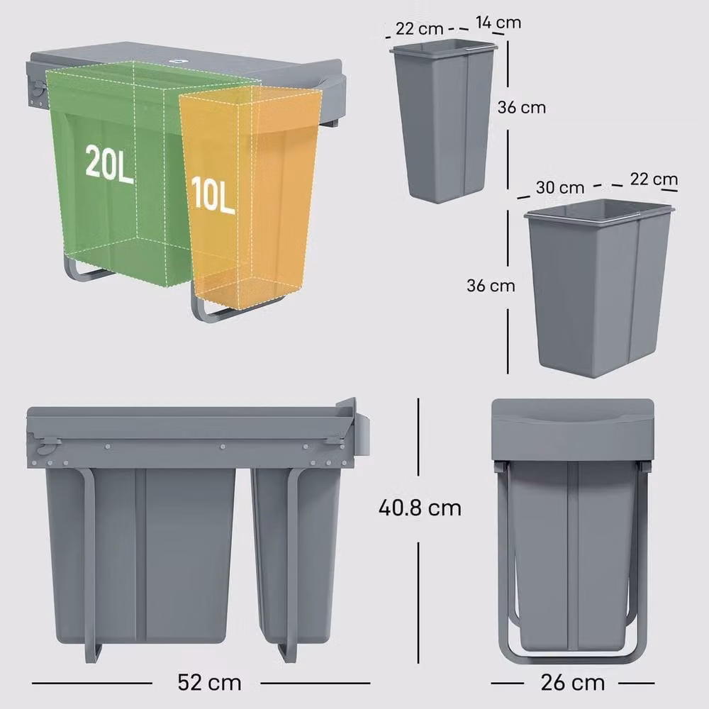 EONLION Under-Sink Kitchen Trash Bin with 2 Removable Recycling Containers, Grey – 2