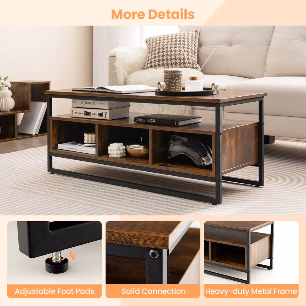 Gymax Industrial Coffee Table and TV Stand with 3 Cubbies, Brown Wood and Metal Frame – 5
