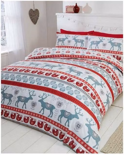 Rapport Scandi Christmas Brushed Cotton Duvet Cover and Pillowcase Set in White and Multicolour, W: 180 cm, H: 200 cm
