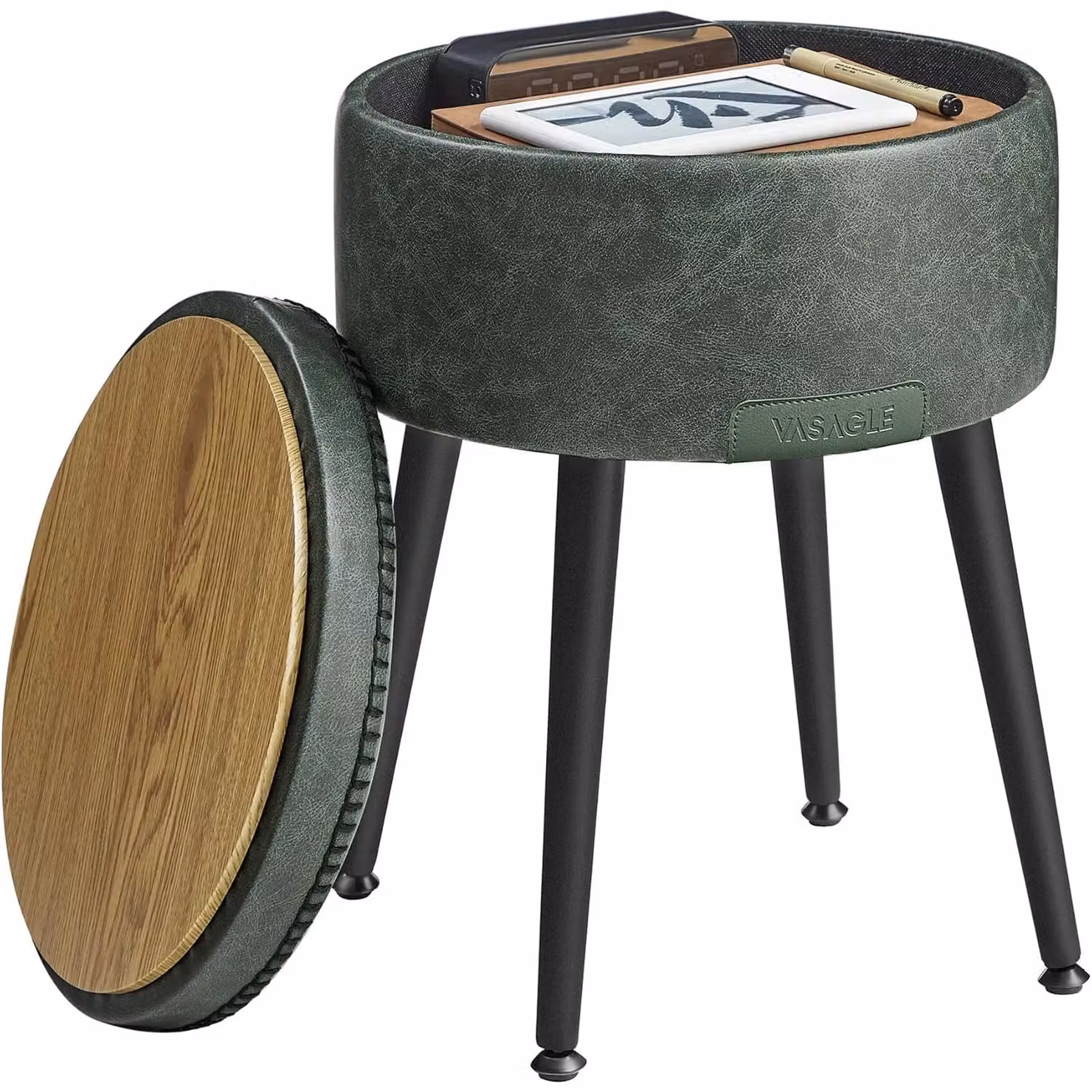 VASAGLE Round Storage Ottoman Dressing Stool in Green Synthetic Leather with Steel Legs – 3