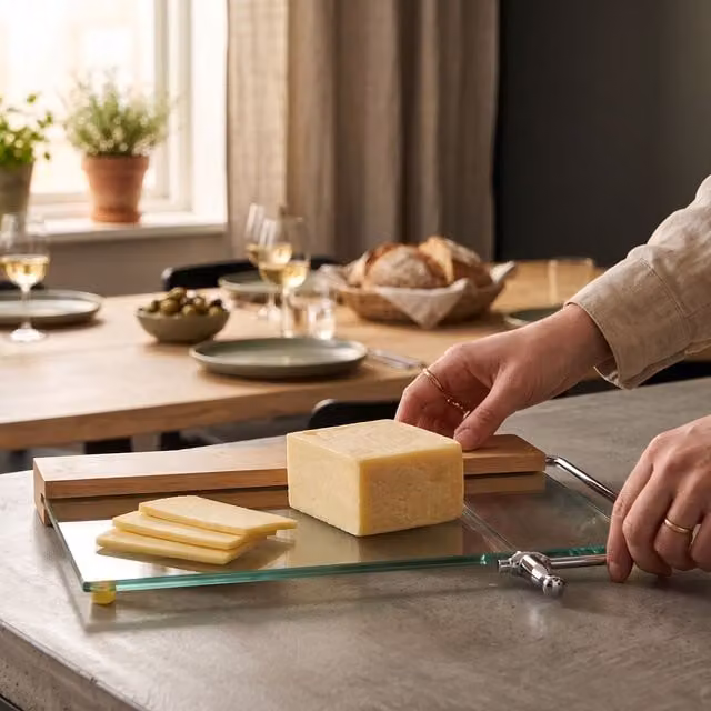 Orsina Cheese Cutter with Transparent Glass Board, Integrated Wire Slicer and Wood and Stainless Steel Arm