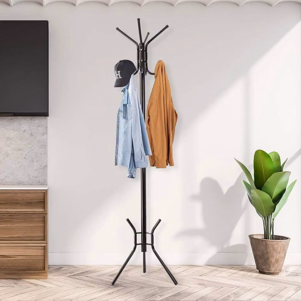 FLAVORA Black Metal Post Tree Floor Standing Coat Rack with Distributed Point Hooks, Height: 181 cm, Width: 50 cm – 2