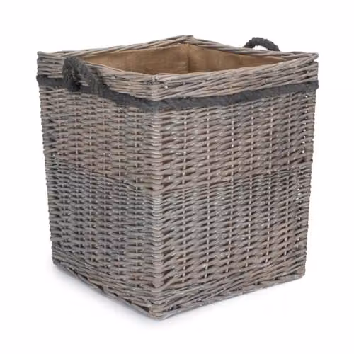 Red Hamper Small Wicker Log Basket in Grey Wash with Hessian Lining – 1