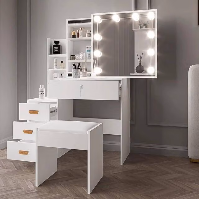 FORGEVIO Modern White Vanity Dressing Table Set with LED Hollywood Mirror, Drawers and Stool