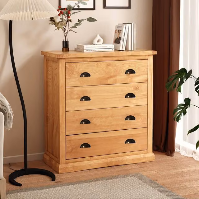 Cabinet Bits Lucca 4 Drawer Chest of Drawers in Rustic Brown Pine with Gold Handles