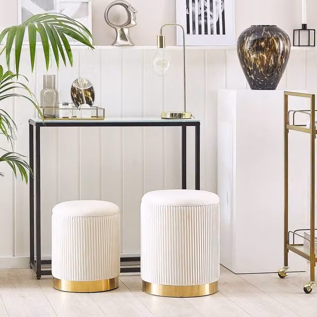 Wyld and Coco Set of 2 White Velvet Storage Pouffes with Gold Metal Bases