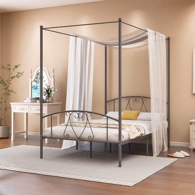 COSTWAY Metal Canopy Bed Frame in Grey, W/D/H: 140 x 200 cm