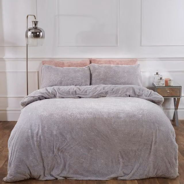 Sienna Reversible Glitter Teddy Duvet Cover and Pillowcase Set in Silver