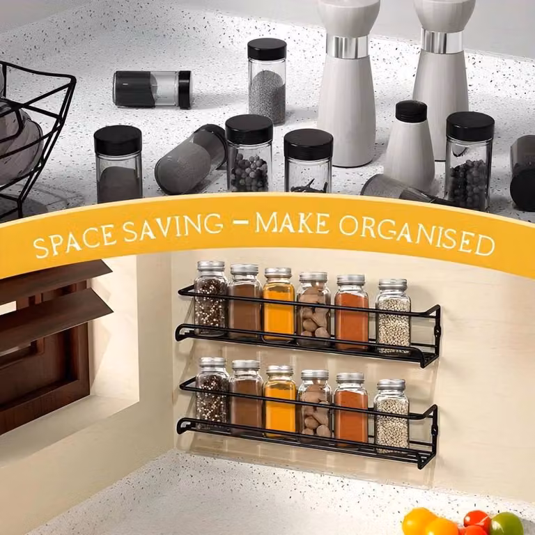 FORGEVIO 2 Tier Stainless Steel Spice Rack in Black with 12 Glass Spice Jars