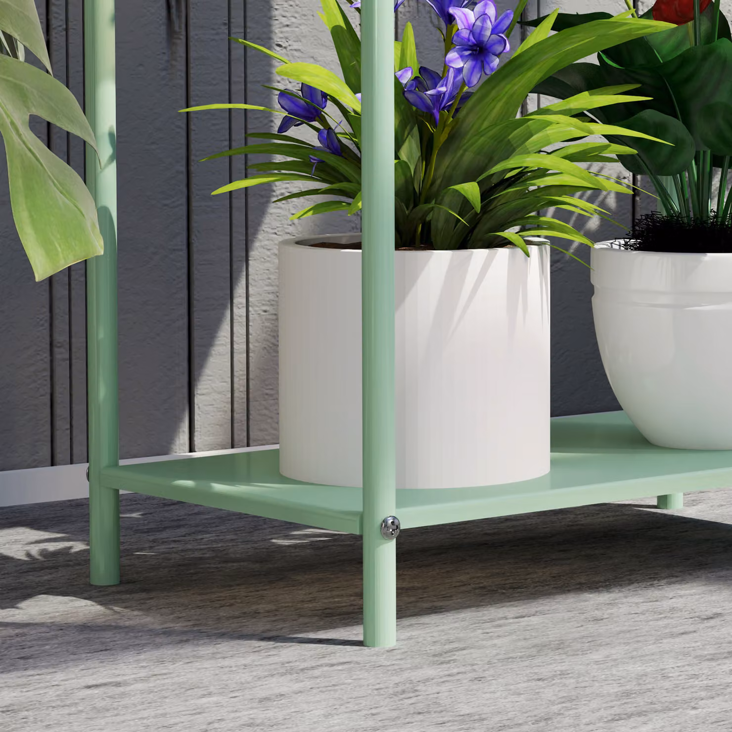 Outsunny 2 Tier Metal Plant Stand with Drain Holes, Green Floor-standing Flower Pot Rack for Indoor and Outdoor Use, W/D/H: 60.0 x 22.0 x 70.0 cm – 5