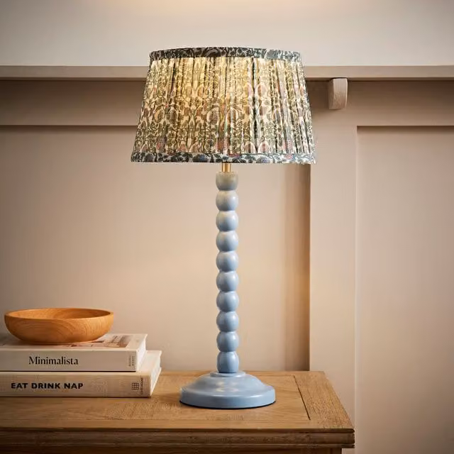 ValueLights Bobbin Bobble Table Lamp with Floral Pleated Tapered Shade in Blue and Green