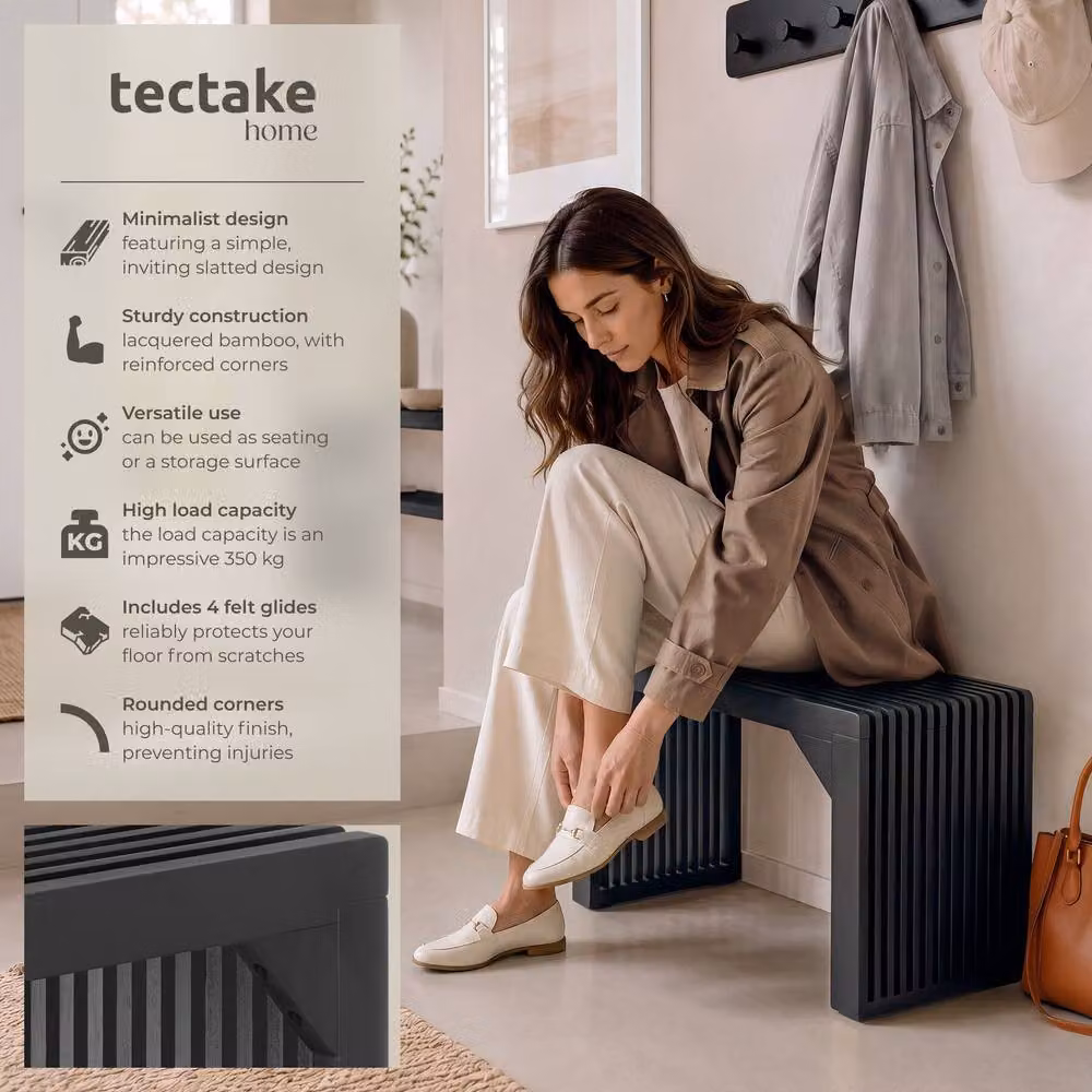 tectake Ribb Large Slatted Stool or Bench in Black with Bamboo Wood Design and 350 kg Weight Capacity – 2