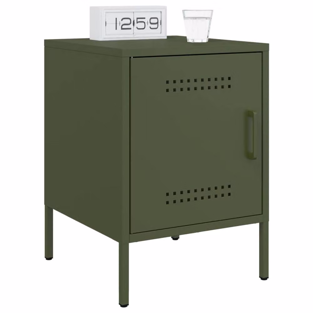 Berkfield Home Set of 2 Industrial Metal Bedside Cabinets in Matt Olive Green, W/D/H: 36 x 39 x 50.5 cm – 2