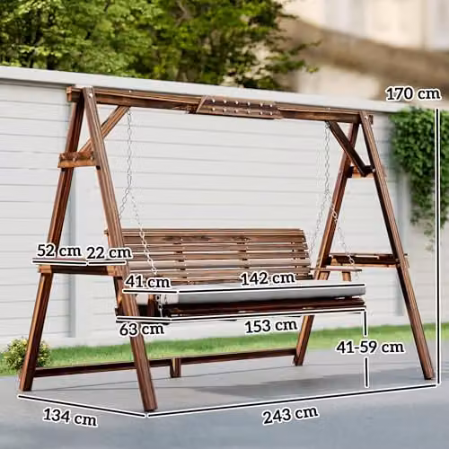 Outsunny 3 Seater Wooden Garden Swing Seat with Cushions and Side Trays in Grey or Brown – 7