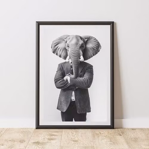 60 Second Makeover Elephant Wearing A Suit Paper Poster, Black White and Grey, A4