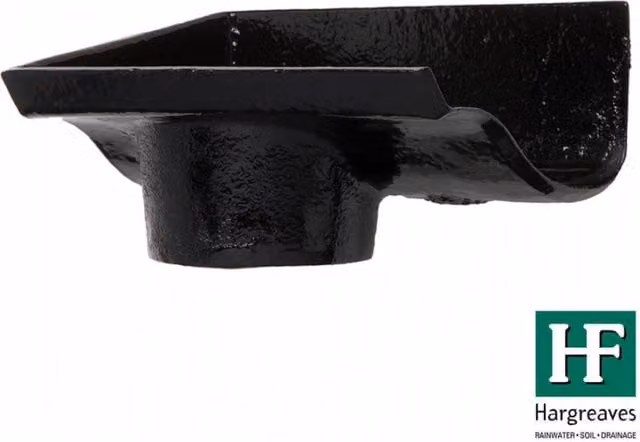 Hargreaves Premier Cast Iron Ogee Gutter Left Hand Stopend Outlet, 100mm for 65mm Downpipe, Black