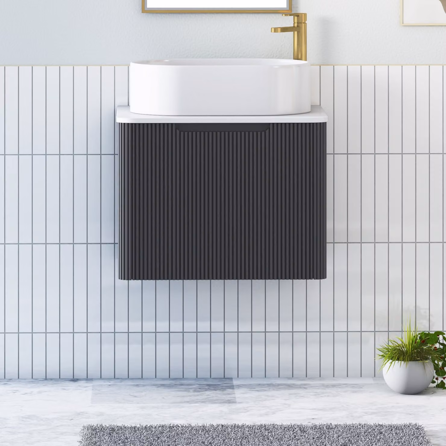 Royal Bathrooms Avenza Wall Hung Vanity Unit with Peak Basin, Matt Obsidian Black and Plain White Worktop, Width: 60 cm
