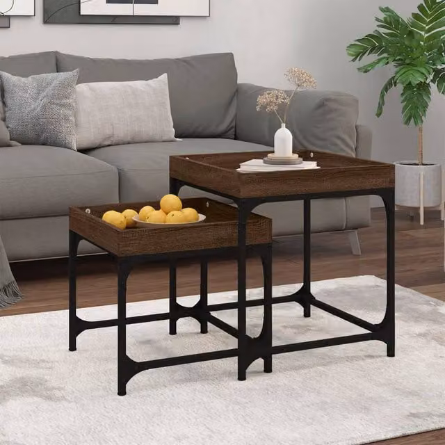 Berkfield Home Set of 2 Nested Square Side Tables in Brown Oak