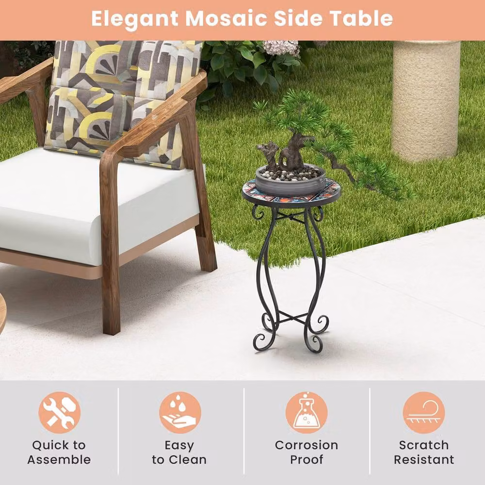 Costway Mosaic Round Outdoor Side Table with Multicolour Floral Ceramic Top and Metal Frame – 4