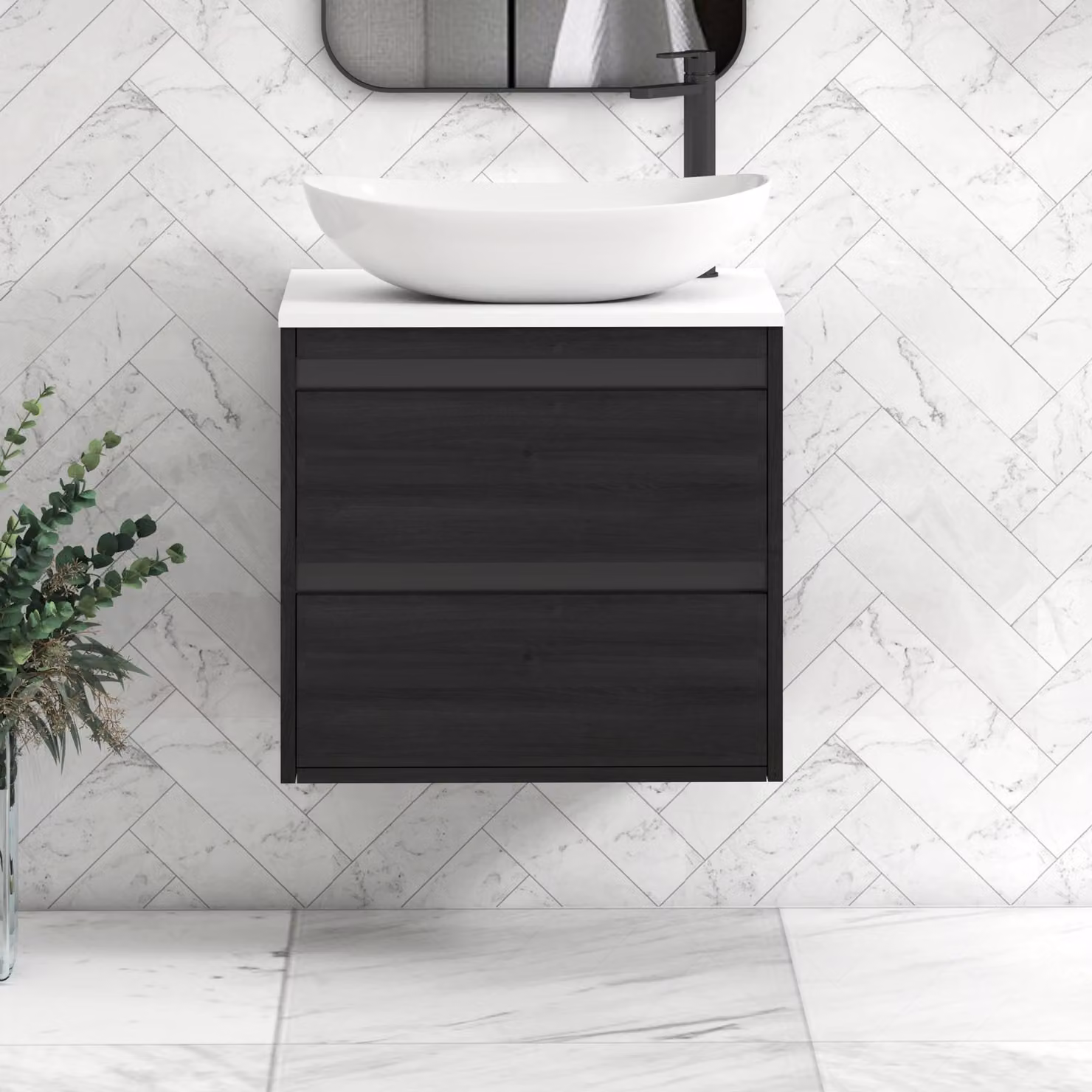 Royal Bathrooms Orion 600mm Hale Wall Hung Vanity Unit with Cesar Basin and Black Accent Trim, White and Black