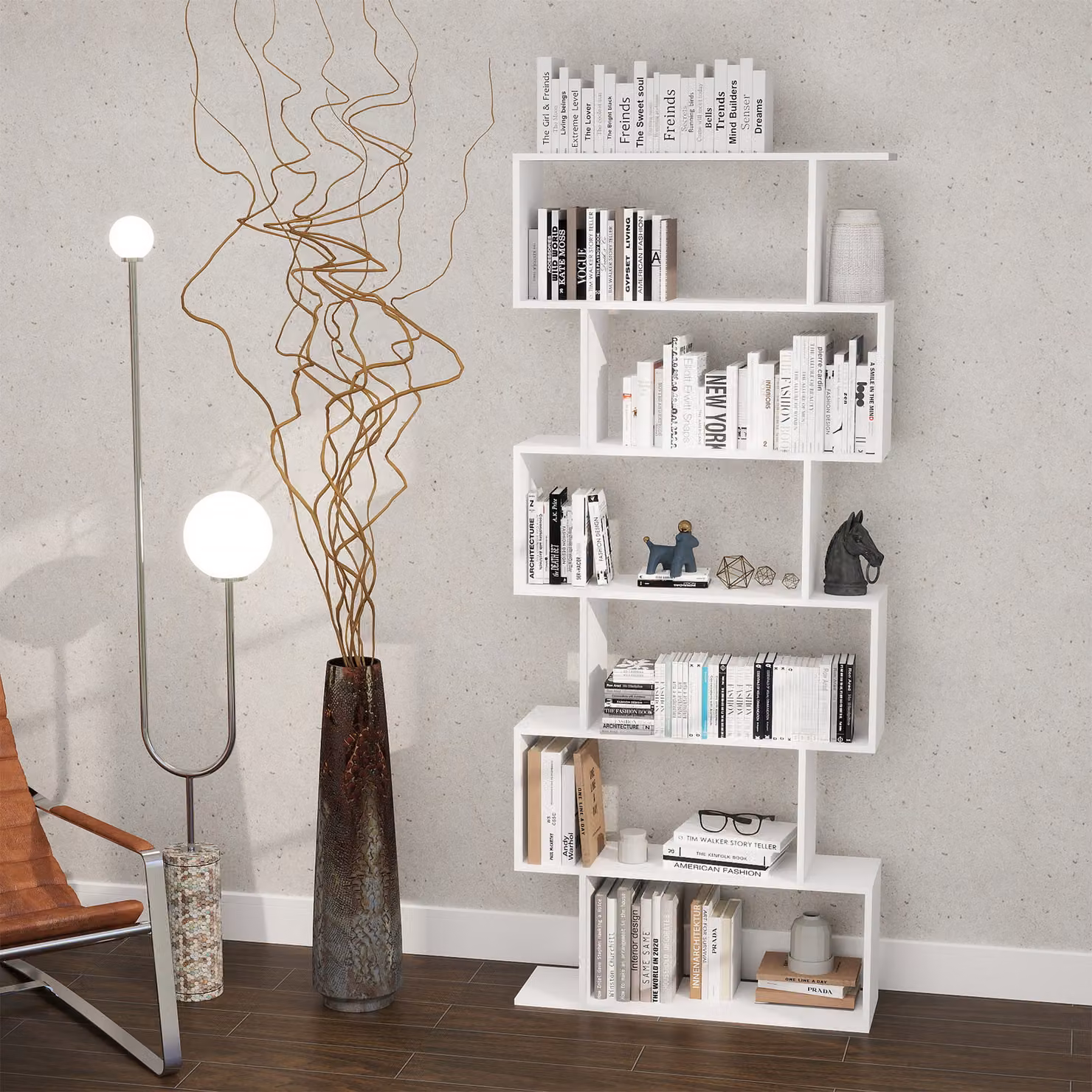 Aosom UK HOMCOM S-Shaped Wooden Storage Display Unit with 6 Shelves, White – 2