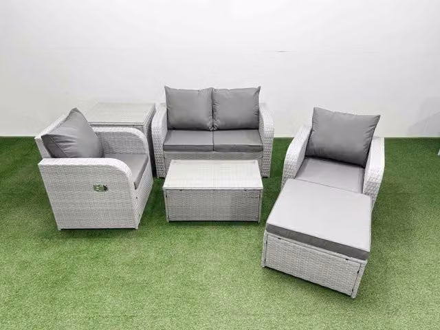 Fimous 5 Seater Light Grey PE Wicker Rattan Garden Furniture Set with Reclining Adjustable Chairs, Rectangular Coffee Table, Footstool and Side Table