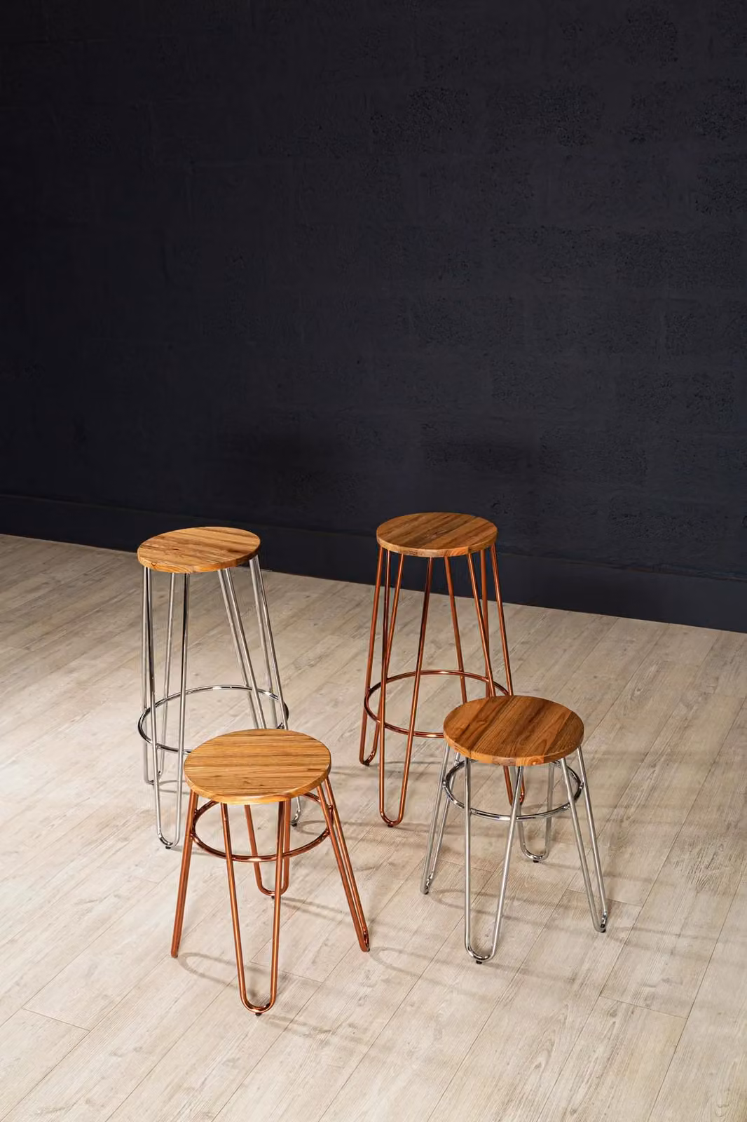 Orsina Round Bar Stool in Rose Gold Metal and Brown Wood – 2