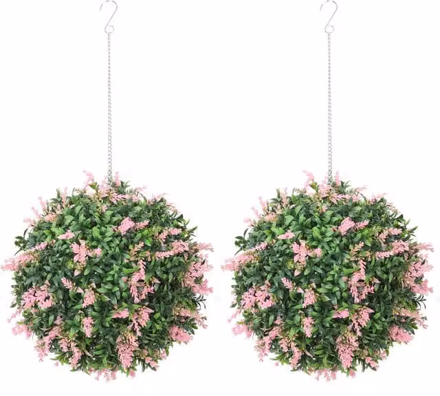 HOMCOM Set of 2 Pink Artificial Lavender Topiary Balls, UV-Protected Round Hanging Floral Decorations – 1