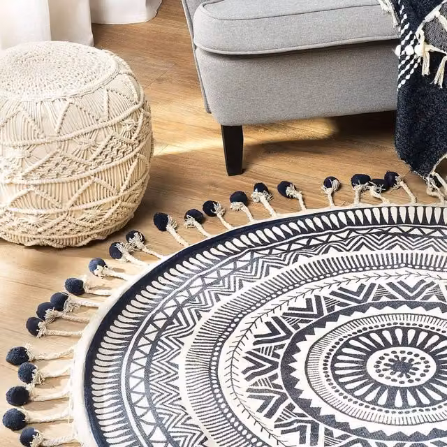 Wyld and Coco Round Woven Cotton Boho Rug in Beige and Blue with Fringes, Diameter: 120 cm