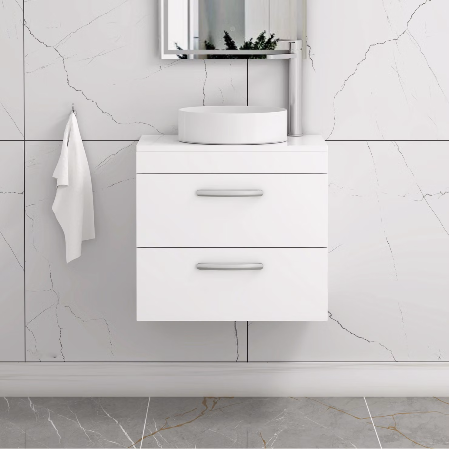 Royal Bathrooms Turin 600mm Wall Hung Gloss White 2 Drawer Vanity Unit with Countertop Basin