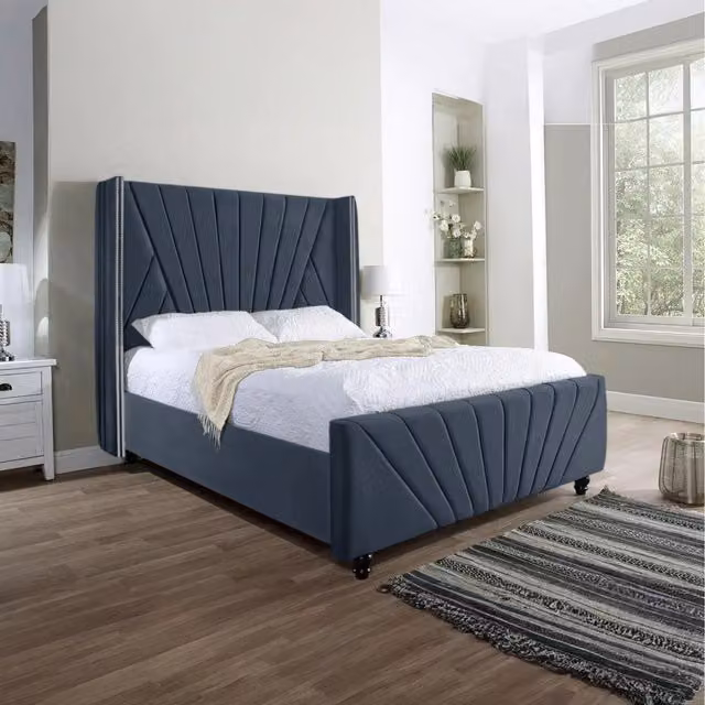 Desire Deco King David Modern Upholstered Bed in Grey or Blue Velvet with Metal Frame, W: 180 cm, D: 200 cm