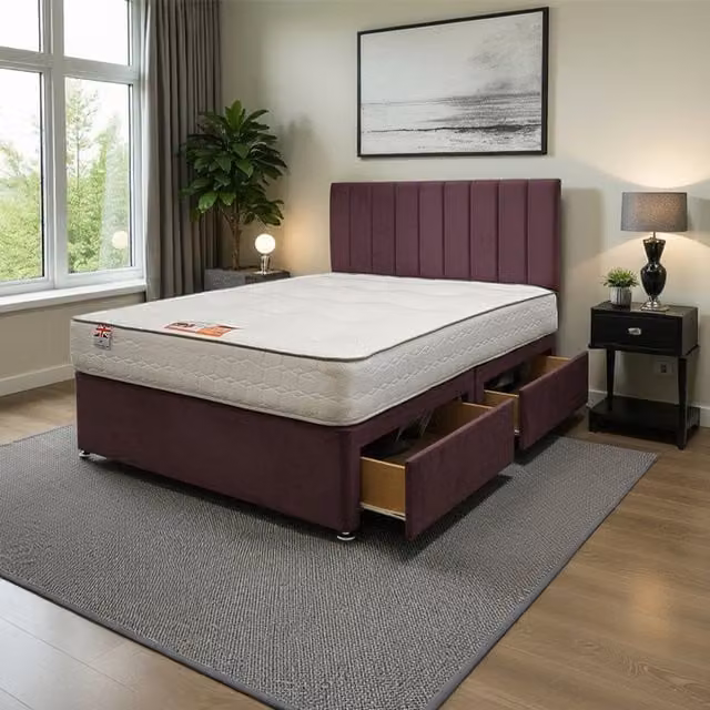 Knight Sleep Paris Plush Double Bed Set with Mattress and 2 Drawers in Aubergine Purple