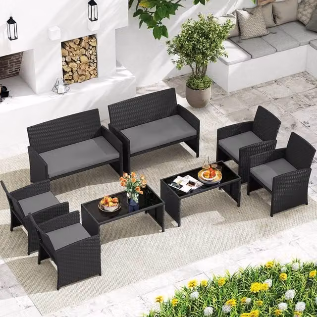 Costway 4-Piece Grey Polyrattan Patio Conversation Set with Upholstered Cushions and Coffee Table