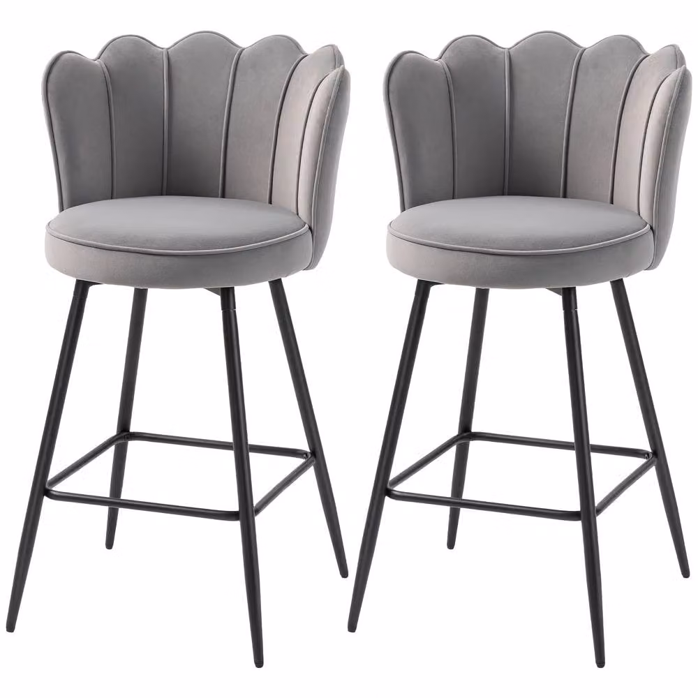 ERGOVEXA Set of 2 Lotus Plush Velvet Bar Stools in Grey – 3
