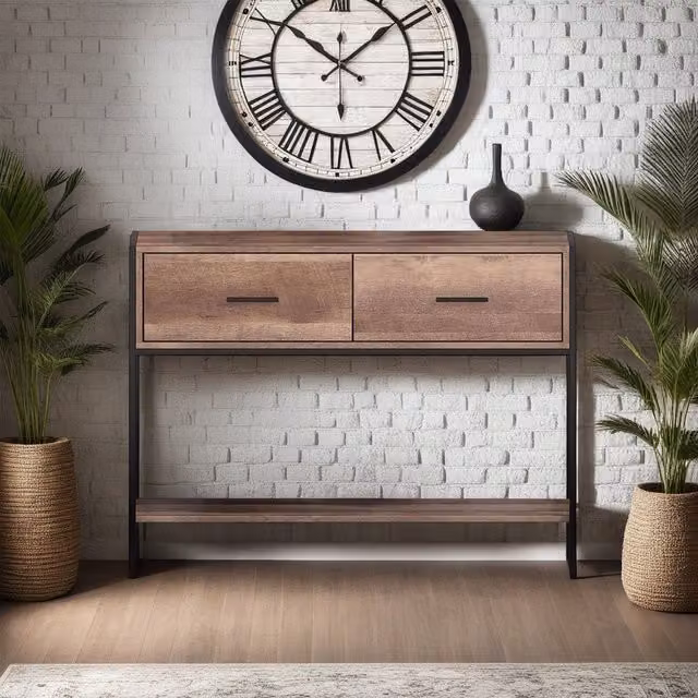 FWStyle Industrial Effect 2 Drawer Console Table in Cracked Oak Finish, Brown