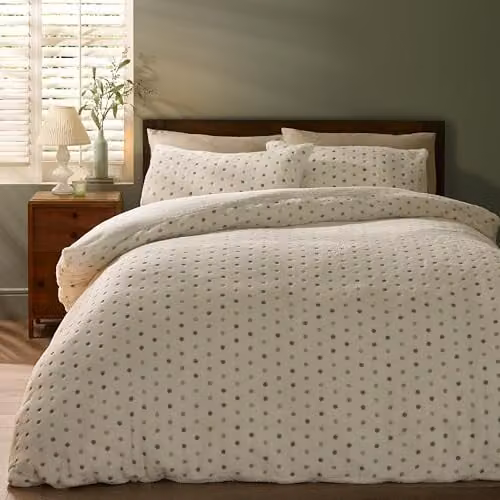 Catherine Lansfield Cosy Spot Fleece King Duvet Cover and Pillowcase Set in Cream