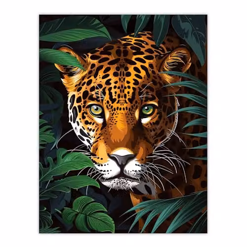 Artery8 Jaguar Lurking In Jungle Plants Wall Art Poster Print, Multicolour, W/H: 46 x 46 cm – 1
