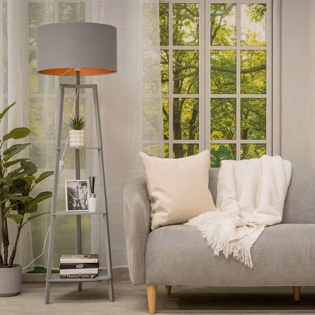 Hiru 3 Tier Shelf Floor Lamp with Metallic Lampshade in Grey and Wood