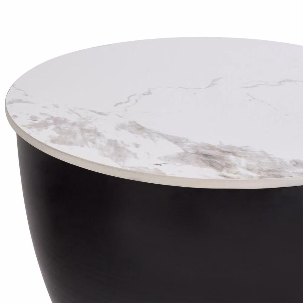 Wyld and Coco Modern Round Side Table with White Sintered Stone Top and Black and Gold Metal Base, Diameter: 48 cm – 4