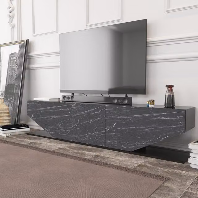 Decorotika Pearl TV Unit in Black Marble Effect Wood with Abstract Glossy Design, W: 180 cm