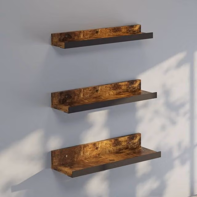 VOGREX Brown 3-Piece Industrial Wall Mounted Floating Display and Storage Shelves – 1