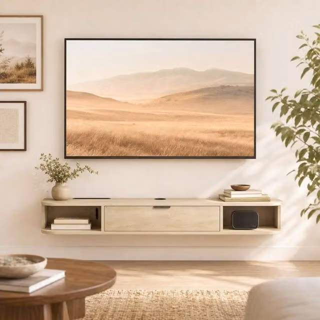 STILVORA Modern Wall Mounted TV Unit with Flip Drawer in Natural Wood Finish, Width: 120 cm
