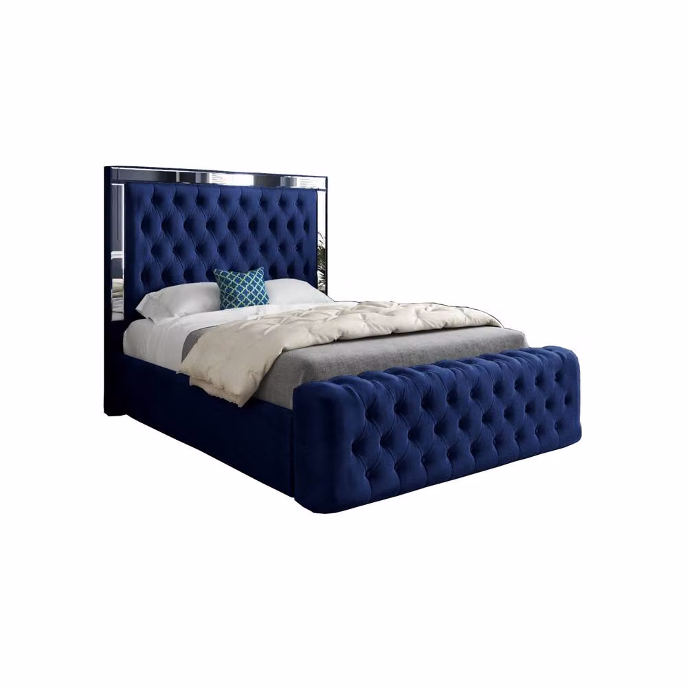 Casani Loweswater Mirror Upholstered Designer Bed Frame in Blue Velvet, W/D/H: 180 x 200 cm – 3