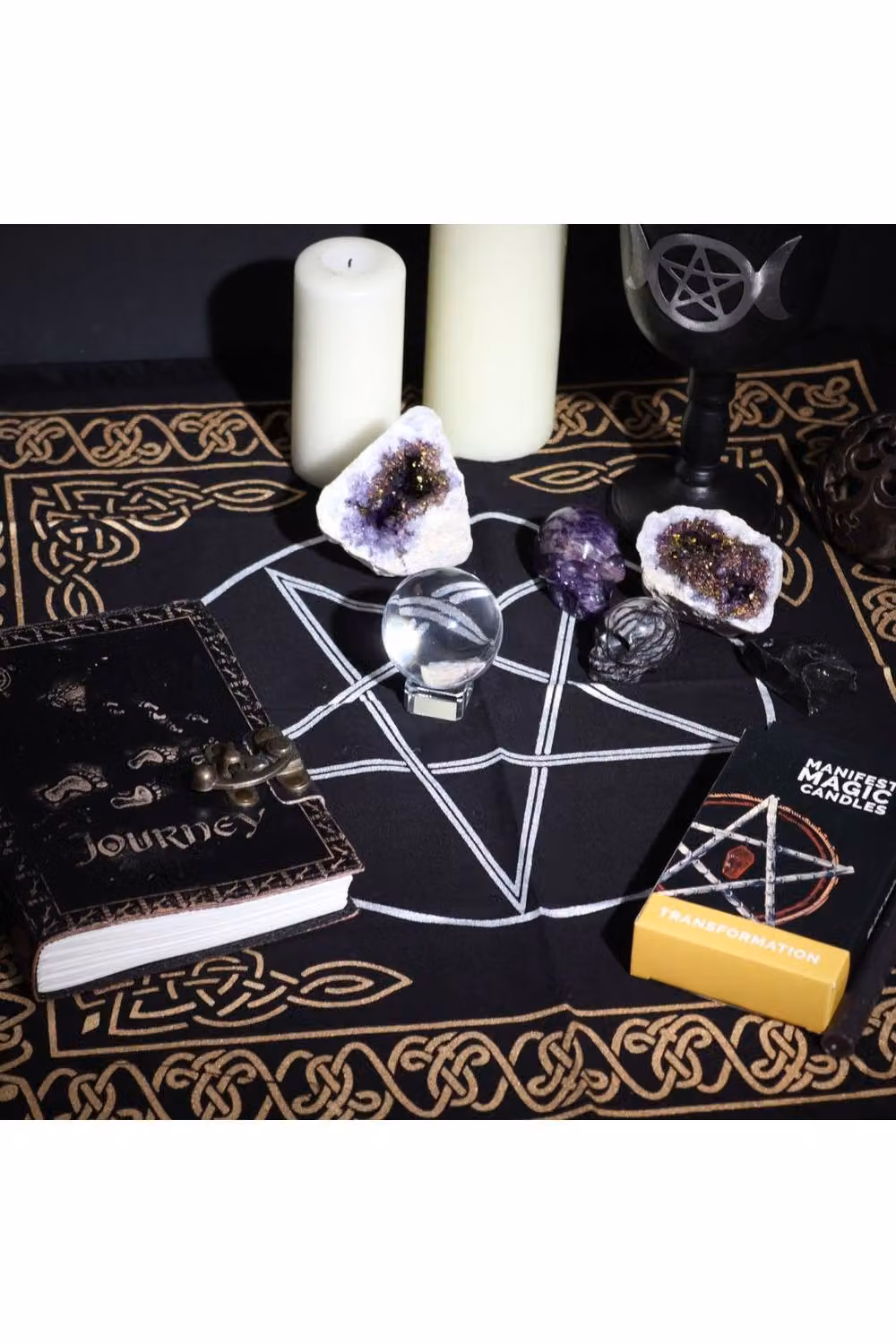 KDMD Esoteric Fringed Altar Cloth with Pentagon Design in Black – 3
