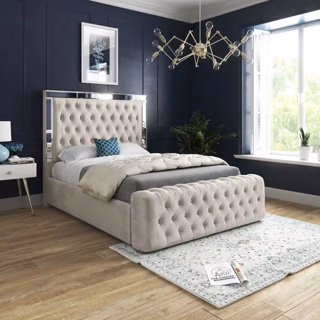 Casani Marino Mirror Upholstered Soft Velvet Bed Frame in Cream, Size: Small Double (W/D/H: 120 x 200 cm)