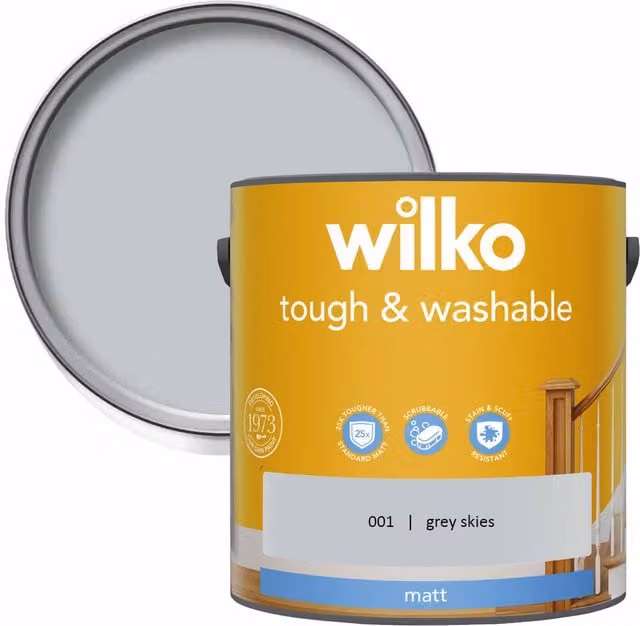 wilko Tough and Washable Matt Emulsion Paint, Grey, 2.5 l