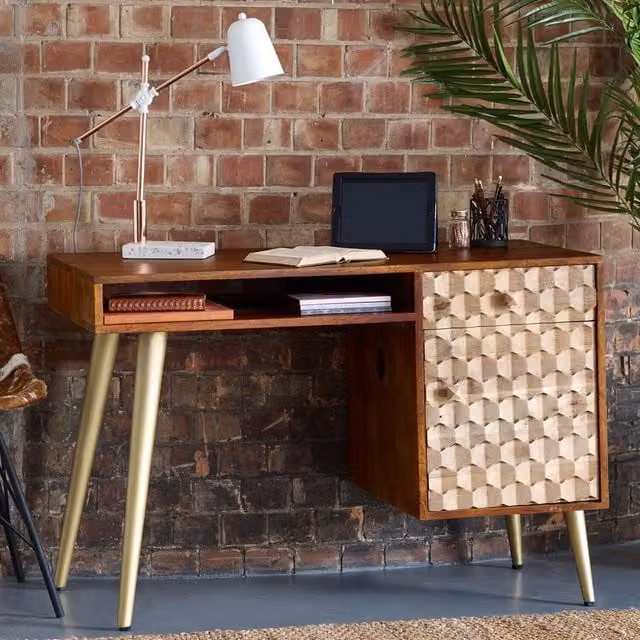 IH Design Retro CNC Computer Desk in Brown and Gold